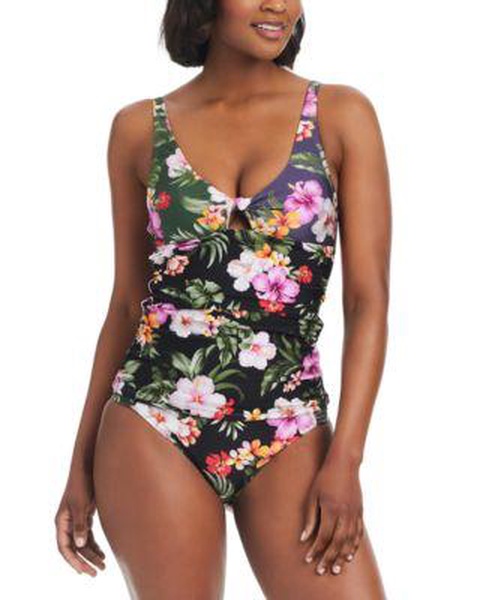 Women's Printed Twist-Front Shirred Tankini Top &Floral-Print Side-Tab Hipster Bottoms, Created for Macy's