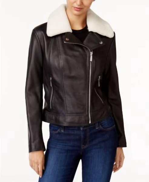 shearling collar leather jacket in black