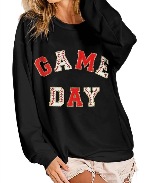 baseball game day patches french terry pullover in black