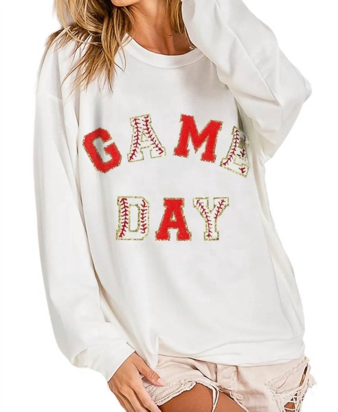 baseball game day patches french terry pullover in white