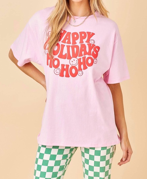 happy holidays graphic tee in pink