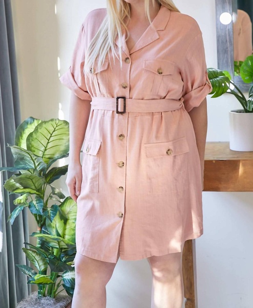 belted shirt plus dress in pink