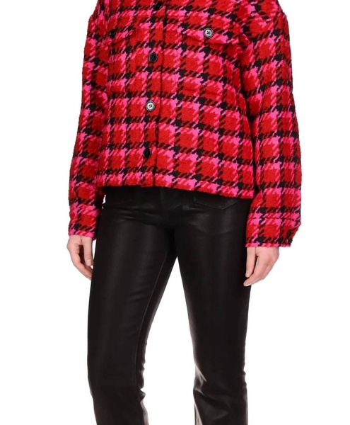 the plaid shacket in red lipstick