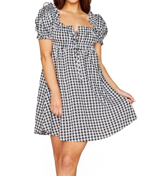 jac puff sleeve short dress in black plaid