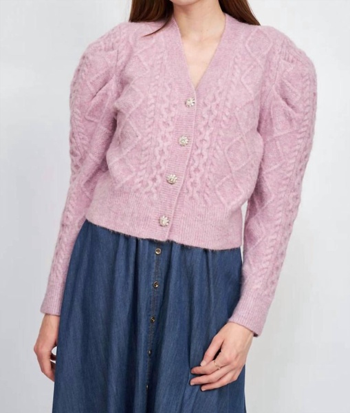 sirka cable knit puffed sleeve cardigan in lilac