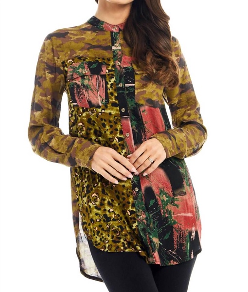 faux leopard button front shirt in camouflage