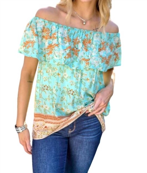 printed off shoulder smocked top in light teal