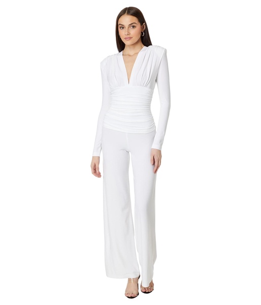 V-Neck Long Sleeve Shirred Waist Jumpsuit with Shoulder Pads