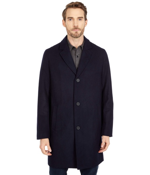 Cole Haan Men’s Melton Wool Notched Collar Coat With Welt Body Pockets