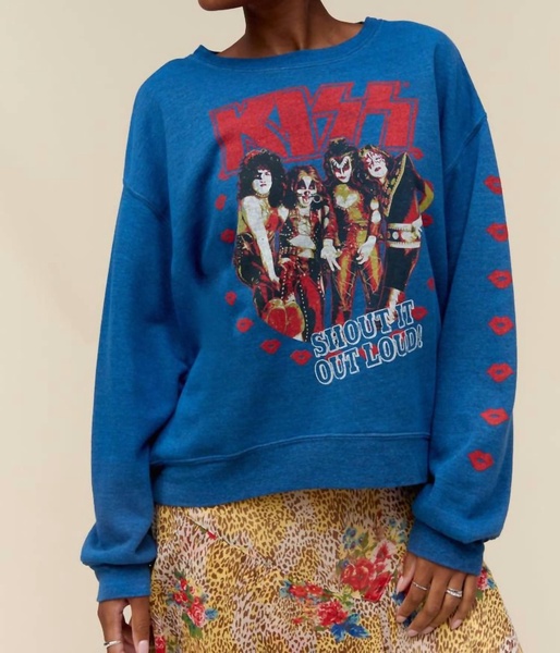 kiss shout it out loud oversized crew top in blue multi