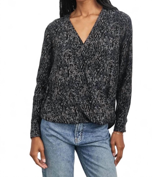 hillary animal print long sleeve blouse in charcoal