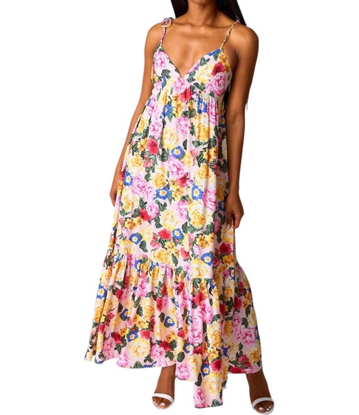 soleil monet tie shoulder maxi dress in pink multi