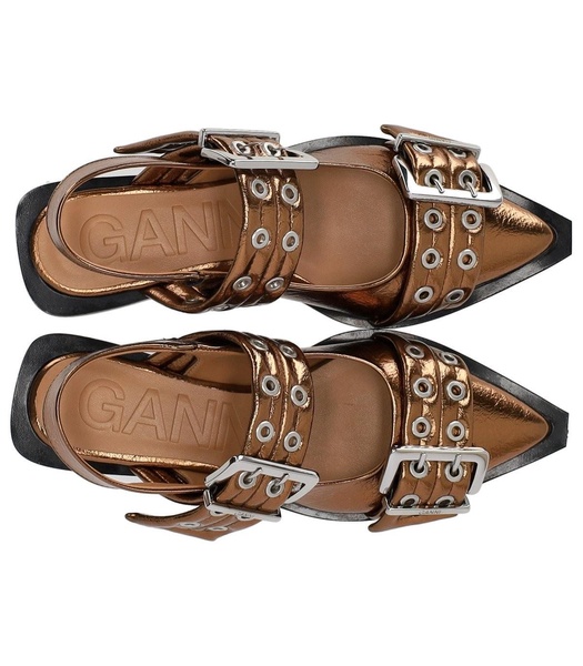 Ganni  Bronze Slingback Ballet Flat Shoe With Buckles