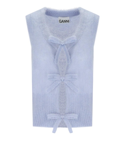 Ganni  Heather Blue Sleeveless Cardigan With Bows