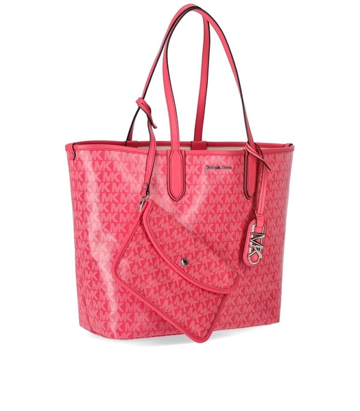 Big Pink Tote Bag With All-over Monogram And Logo Charm In Faux Leather Woman