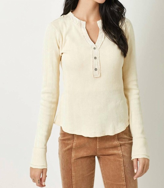 freya washed thermal henley top in almond