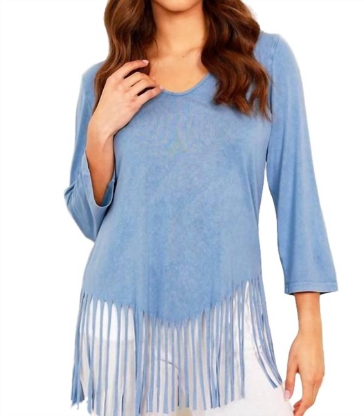 stone wash cut out fringe top in denim