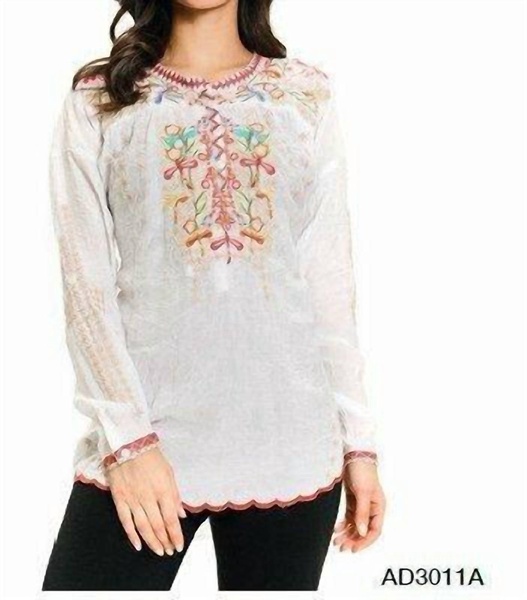 multi colored dragonfly embroidery tunic in white