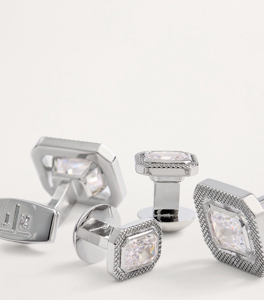 Rhodium-Plated Halo Cufflink and Studs Set