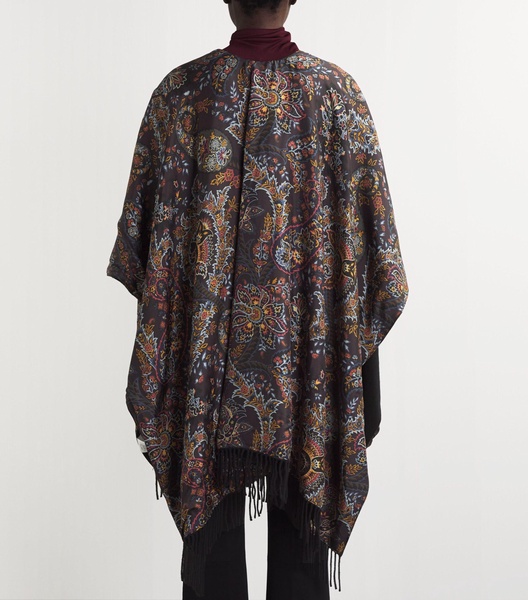 Silk-Wool Floral Fringe Cape