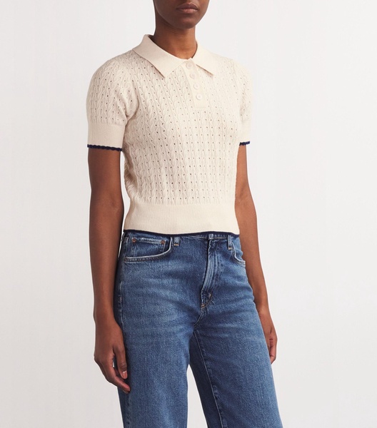 Wool-Cashmere Eyelet Polo Top