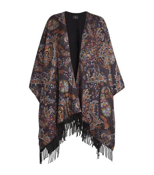 Silk-Wool Floral Fringe Cape