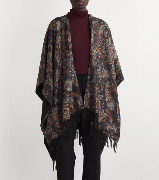 Silk-Wool Floral Fringe Cape