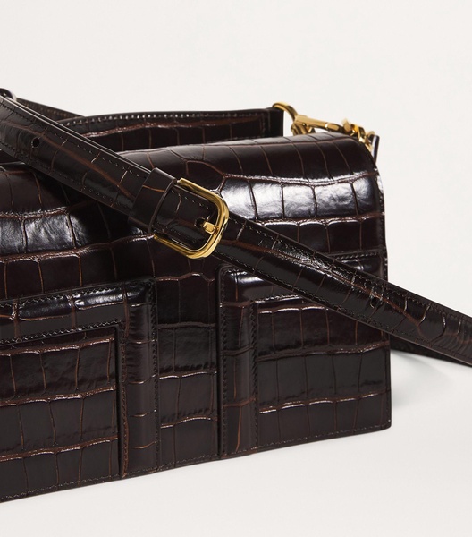 Croc-Embossed Leather T-Flap Top-Handle Bag