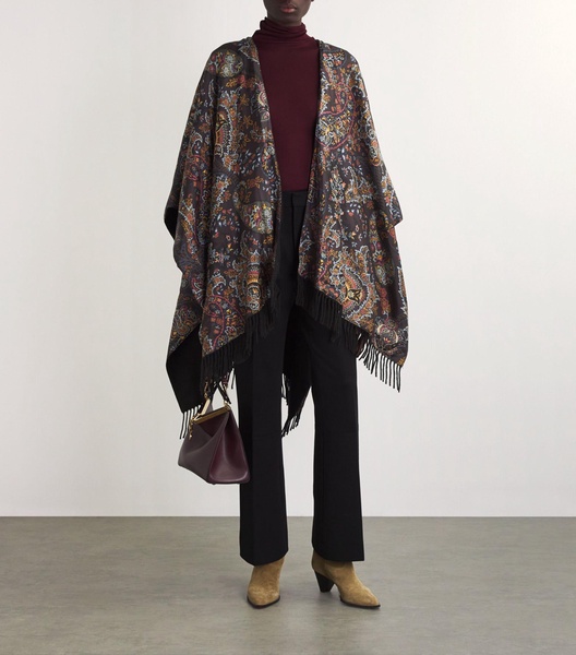 Silk-Wool Floral Fringe Cape