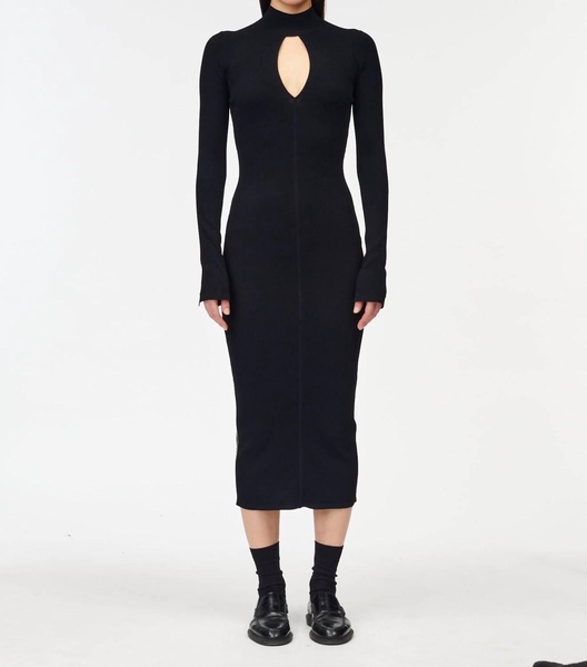 split front banded column dress in black