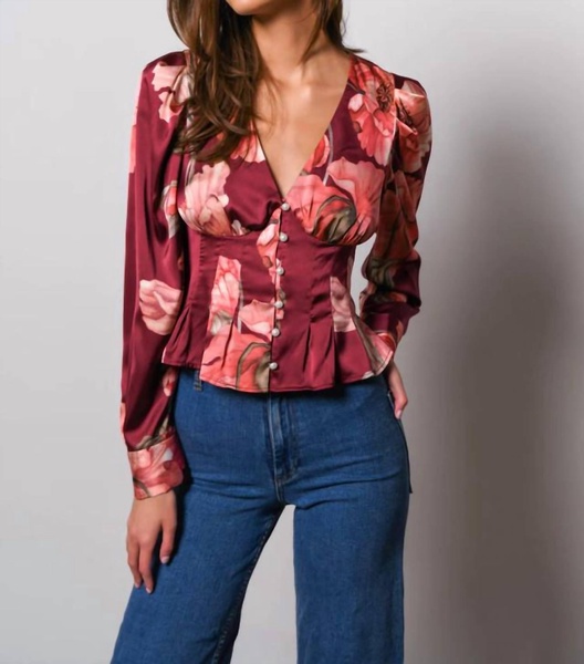 britt pintucked top in wine vining painted floral