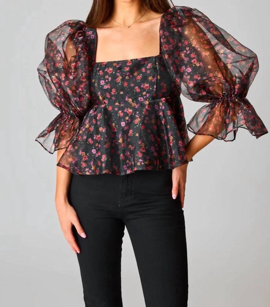 puff sleeve peplum top in black