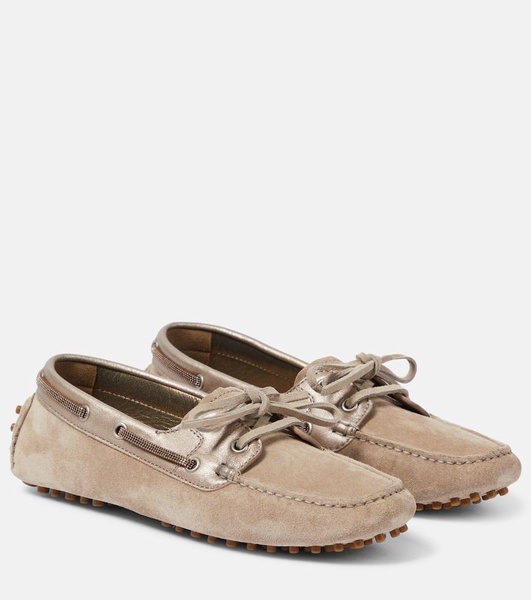 Leather-trimmed suede moccasins