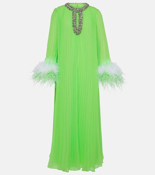 Pleated feather-trimmed chiffon gown