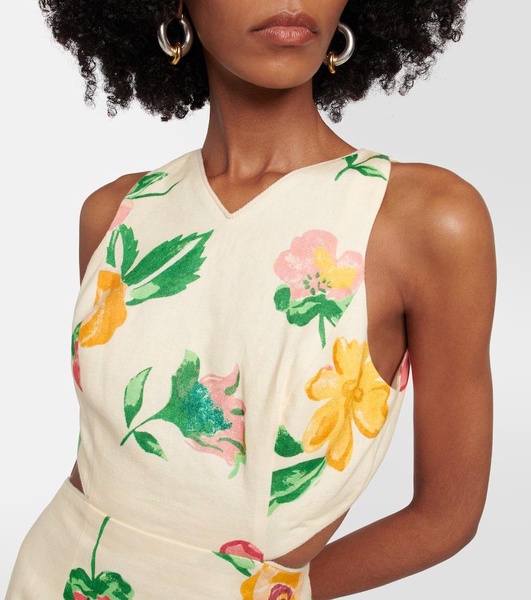 Cutout linen floral midi dress