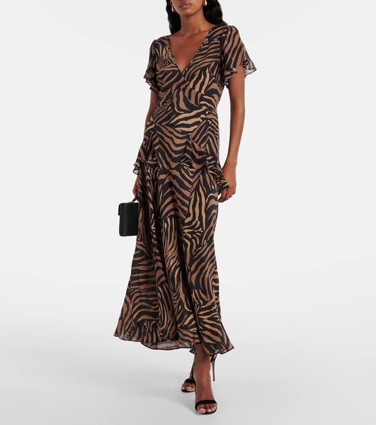 Evie Silk Crepe de Chine Tiger Patchwork Midi Dress