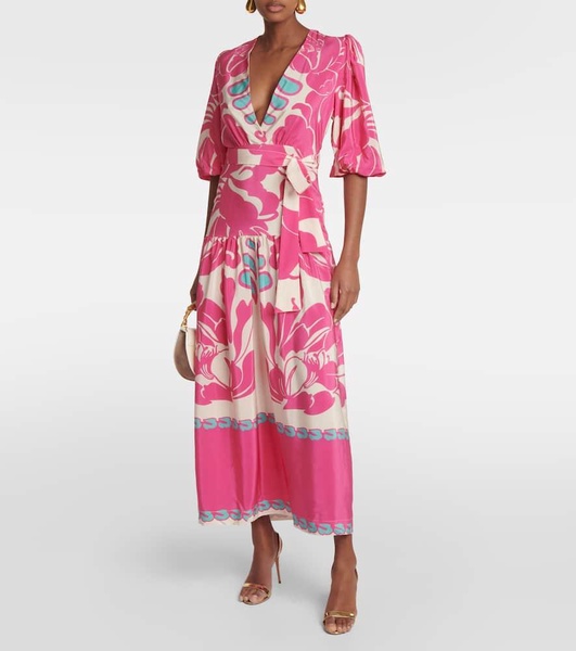 Puff-sleeve silk maxi dress