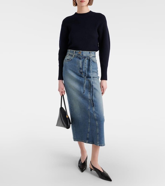 High-rise denim midi skirt