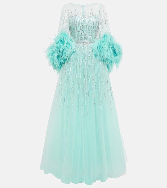 Imani embellished faux-feather trimmed gown