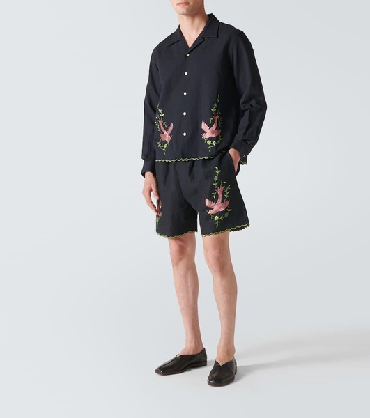 Rosefinch embroidered linen Bermuda shorts