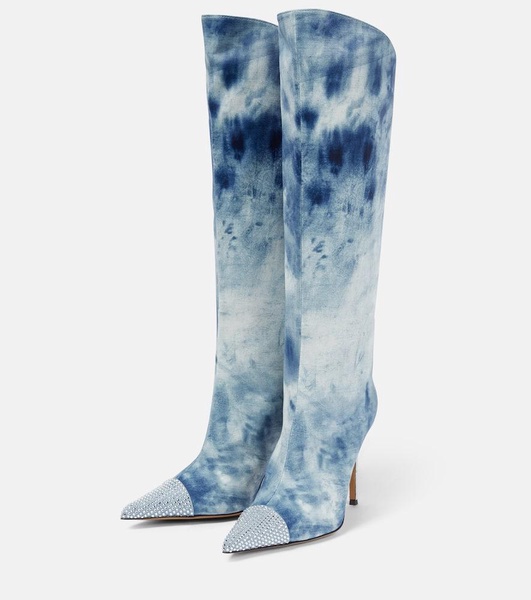 Tie-dye denim knee-high boots