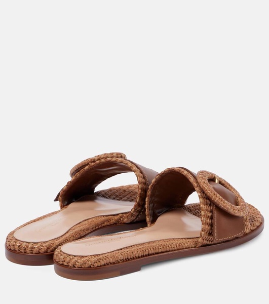 Marbella leather-trimmed raffia slides