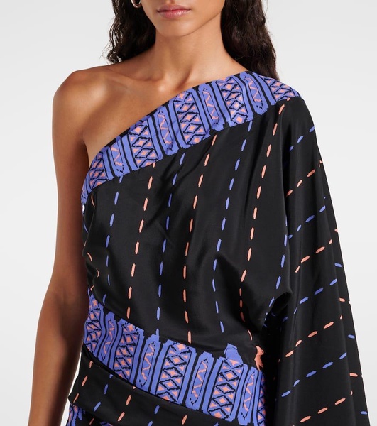 Printed one-shoulder silk minidress