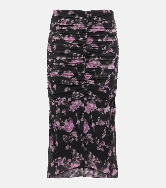 Floral ruched mesh midi skirt