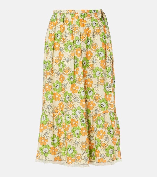 Floral linen midi skirt