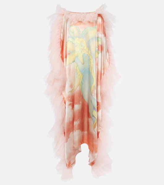 Printed tulle-trimmed silk kaftan