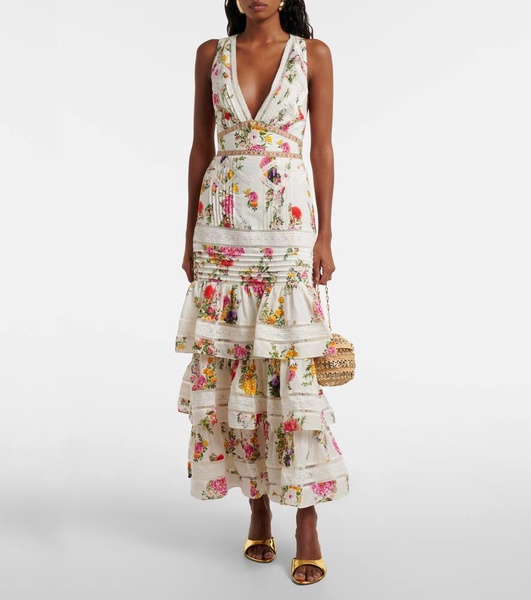 Floral tiered cotton and silk maxi dress