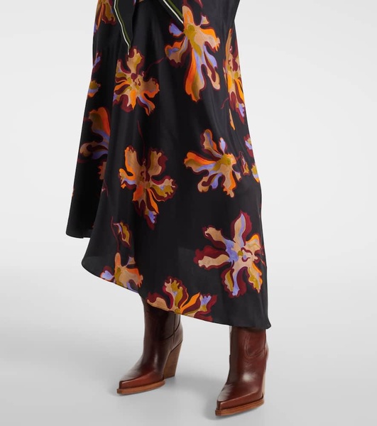 Asymmetric printed silk twill midi dress