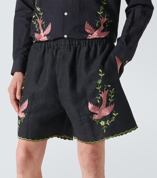 Rosefinch embroidered linen Bermuda shorts