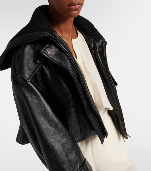 Cropped leather bomber jacket